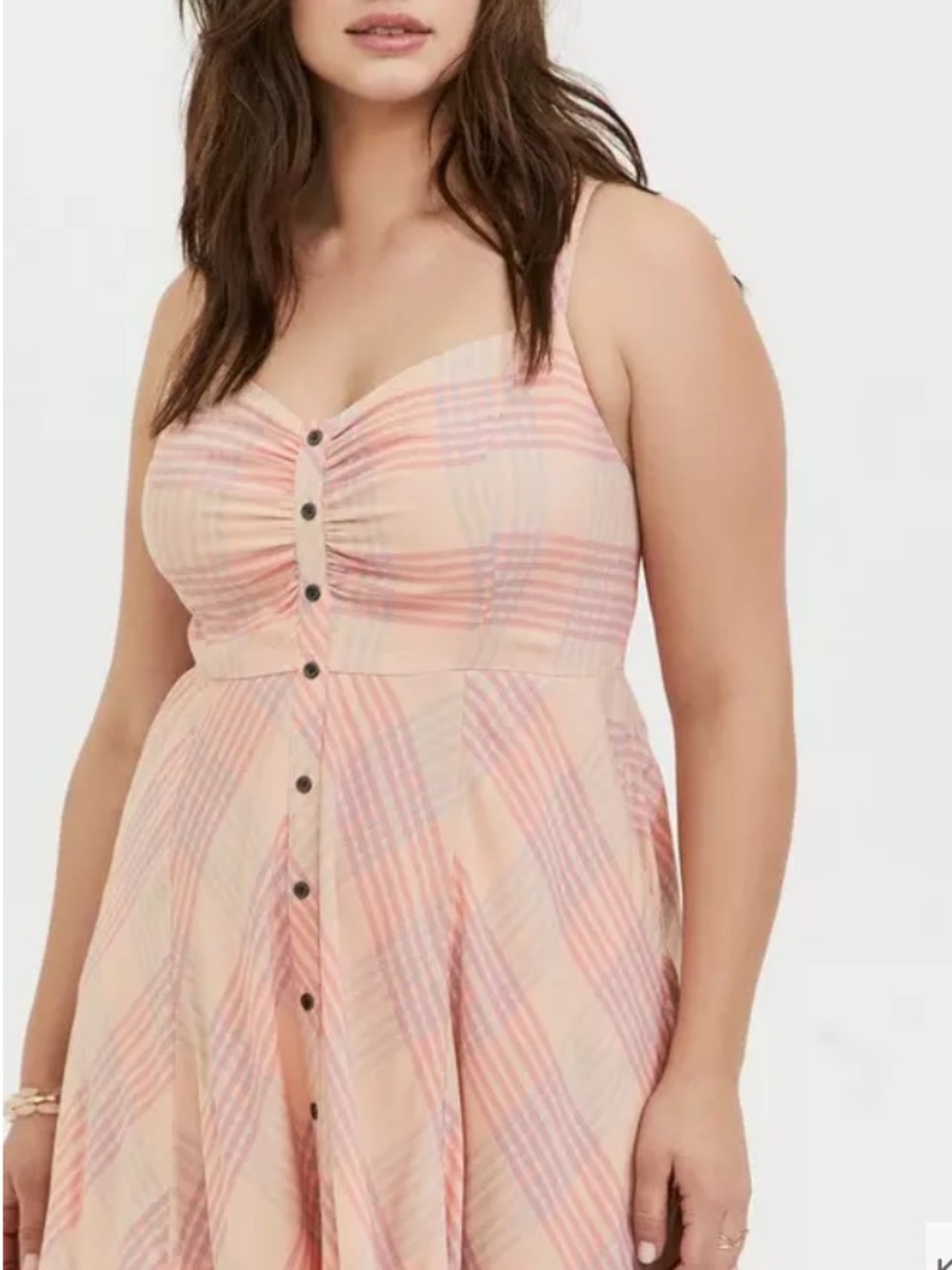 torrid Peach Plaid Challis Button-Front Midi Dress Size 1X Sleeveless - Picture 2 of 16